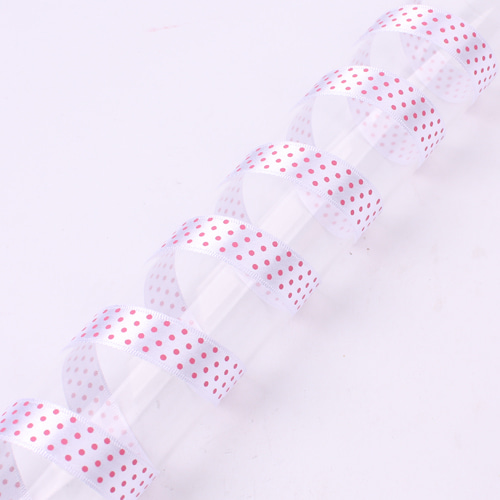 땡땡이 주자리본(백색-핑크물방울) - 15mm(공단리본,땡땡이리본)